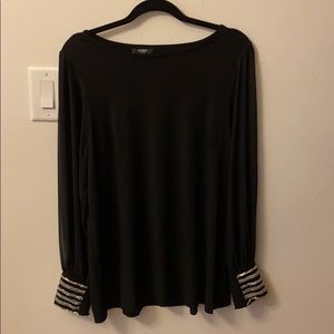 Black Blouse with Sheer Sleeves and Beaded Cuffs